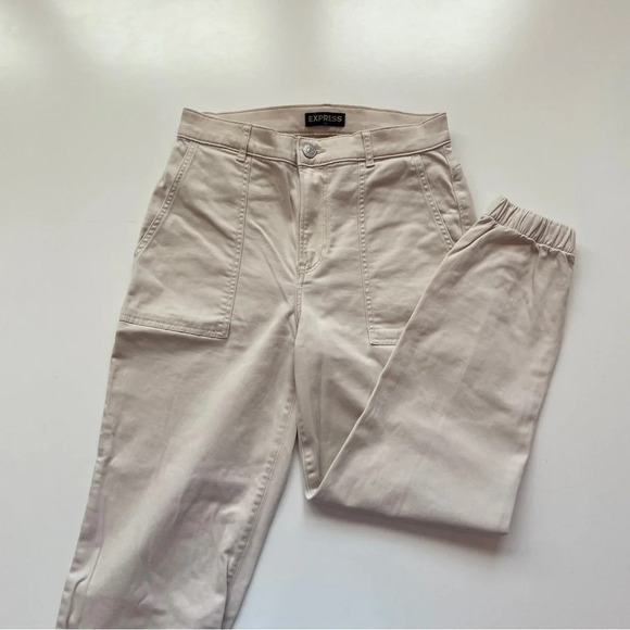 EXPRESS High Waisted Stretch Straight Cropped Cinched Hem Utility Pant in Beige - Picture 2 of 13